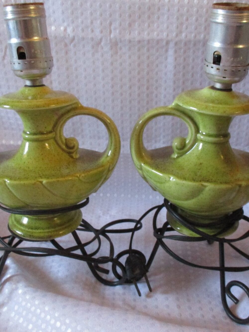 Vintage Pair (2) of Green Aladdin Style Oil Lamp Shaped Electric Ceramic Lamps